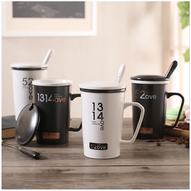 Hot selling horoscope ceramic couples mugs porcelain cups with lid and spoon