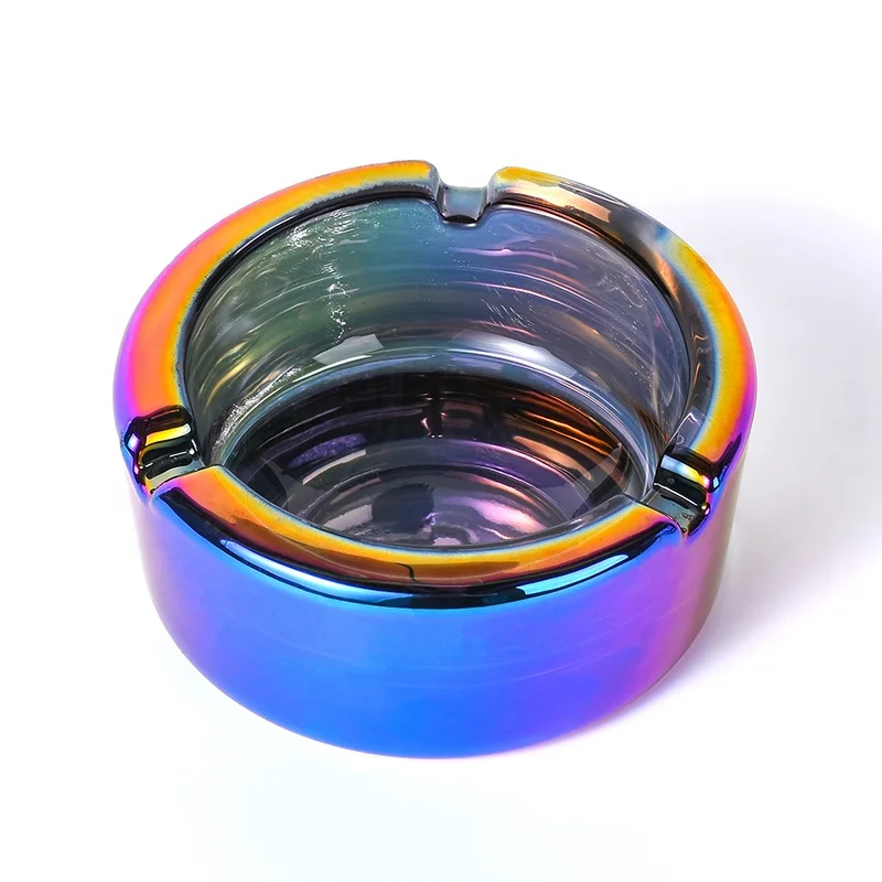 WOWO TECH Wholesale Fashion Design Round Pocket Glass Cigar Ashtray Electroplated Rainbow 85mm Custom LOGO Glass Ashtray
