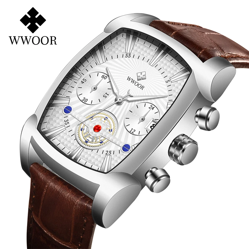 Brand WWOOR 8843 Watches Mens Wrist Luminous Hands Luxury Quartz Watches Fashion Square Leather Band Clock Waterproof Sports