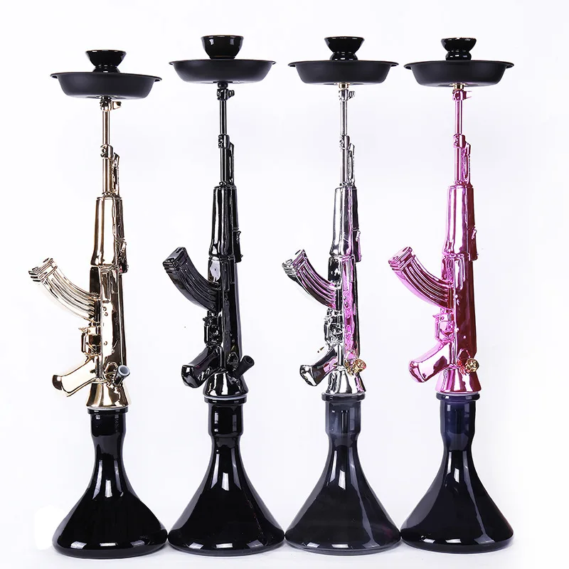 wholesale Russian Deluxe gold Pink Nargile Resin smoking set Ak47 Gun shape Chicha Shisha Hookah large Ak47 hookah