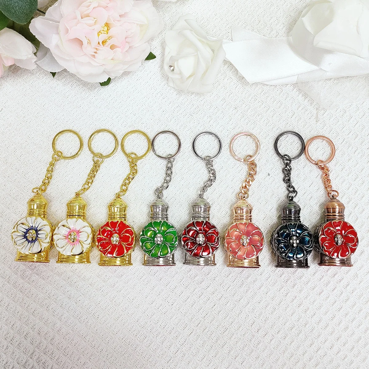 3ml Key Chain Ring Metal Alloy Flower Perfume Bottle Mini Pocket Arabic Glass Essential Oil Refillable Attar Bottle#887