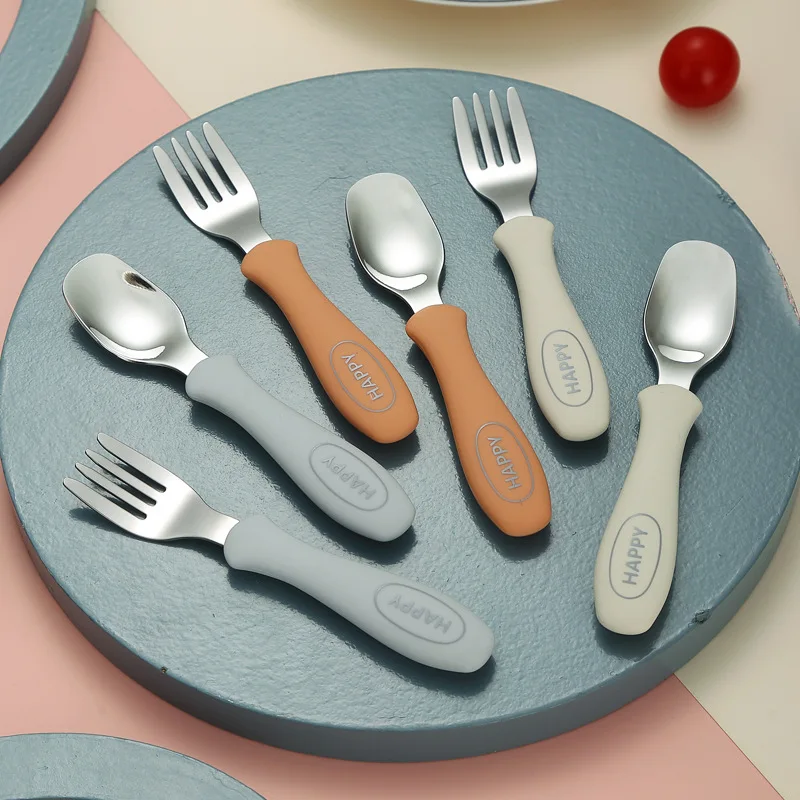 New 316 Stainless Steel Silicone Baby Spoon Fork Baby Feeding Training Cutlery Set