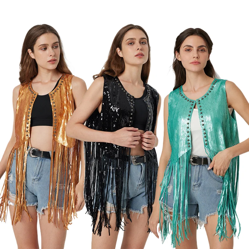 European Carnival Cowboy Cardigan Coat Women Sequin Fringe Vest