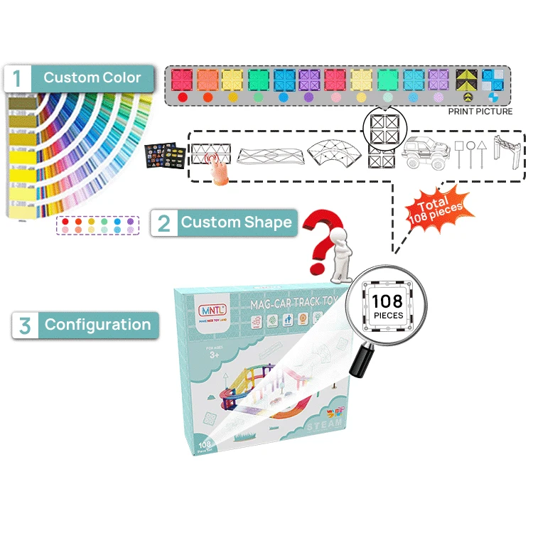 MNTL DIY 52pcs 108pcs car race track magnet tiles toys  educational toys magnetic building tiles for kids