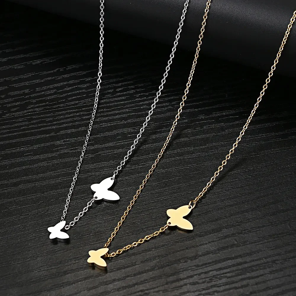 Hot Statement Gold Choker Stainless Steel Double Heart Butterfly Pendant Necklace for Women Non Tarnish Steel Butterfly Necklace