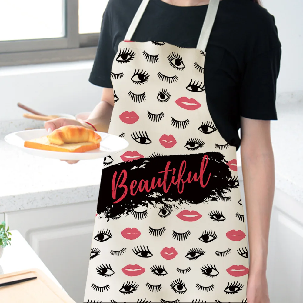 Latest Design Cotton And Linen Sleeveless Apron Printed Eye Lash Pattern Wear-resistant Home Apron