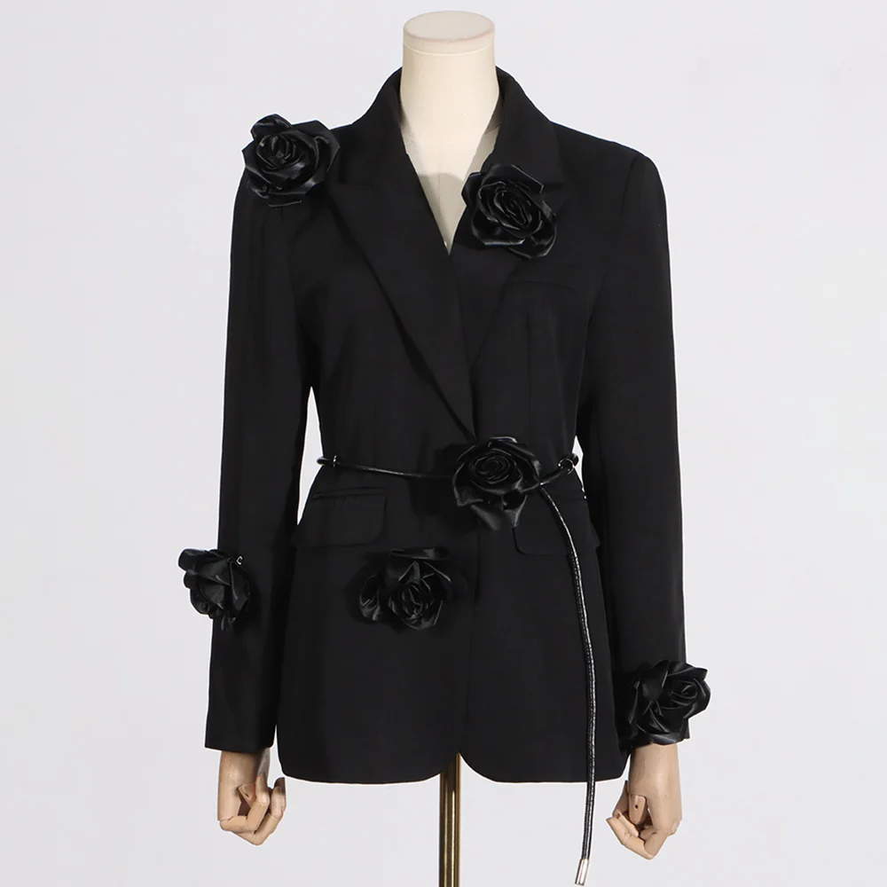 TWOTWINSTYLE Advanced Design Top Quality Elegant Personalized Black 3D Flower Deep V Neck Women Suit Two Piece Sets