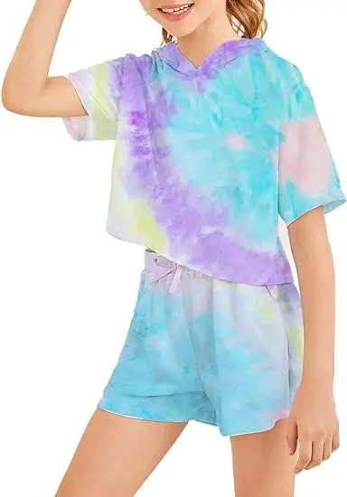 High Quality French Terry Tie Dye Girls Clothes Two Piece Short Set Summer Breathable Kids Clothing Sets