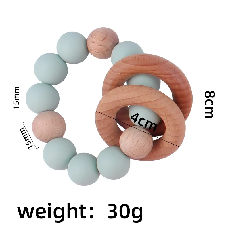 Hot Sell Newborn Silicone Beads Diy Baby Silicone Rattle Wrist Ball Teether Ring Beech Wooden Teething Ring Toys Bebe Gift