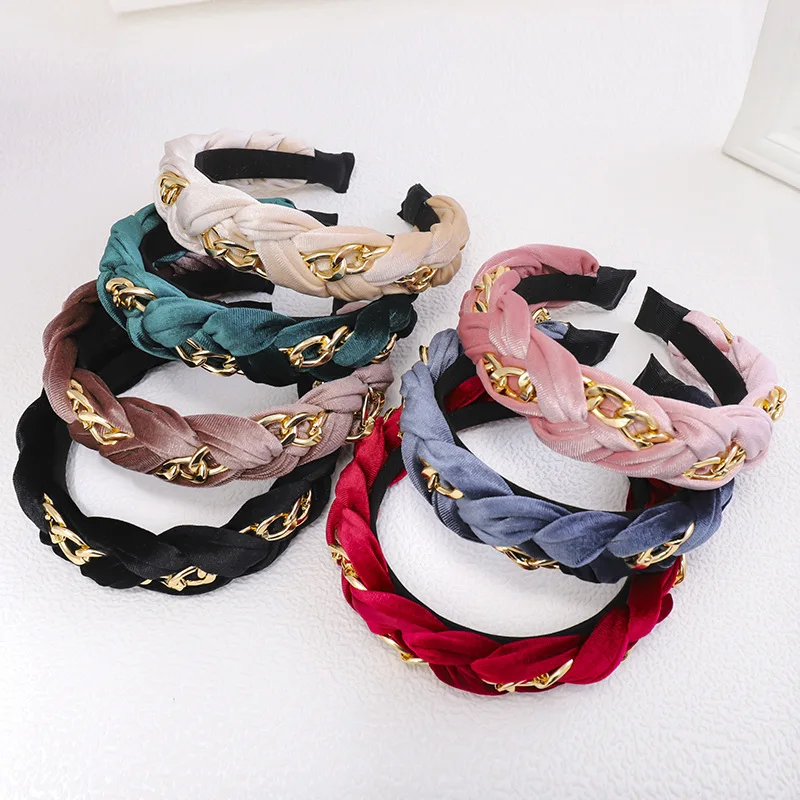 Autumn Winter Twist Braid Hair Band Wide Brimmed Golden Velvet Metal Chain Headband