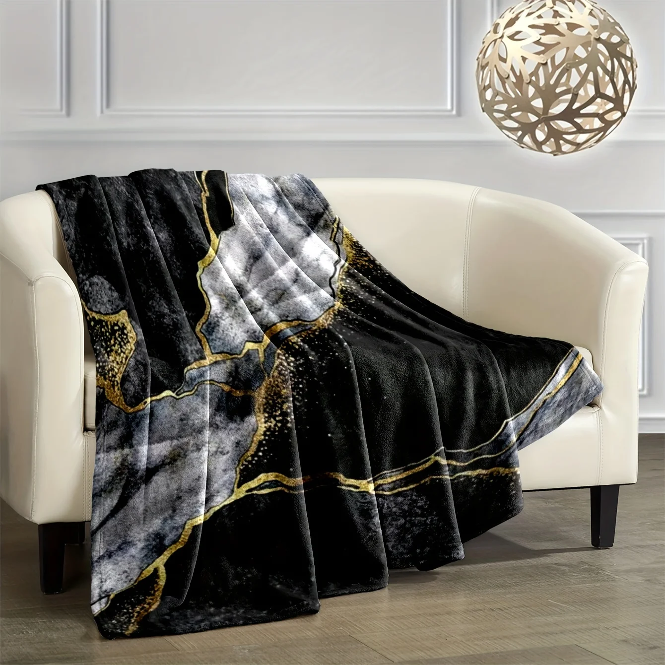 Abstract Black and White Marble Mosaic Gold Texture Blanket, Soft & Plush Warm Blanket, Suitable for Living Room, Sofa, Bedroom
