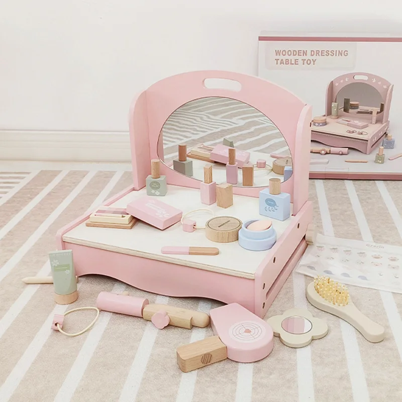 Hot selling Kids pretend to play make up toy girls dresser makeup toy wooden dresser simulate makeup tool toy set