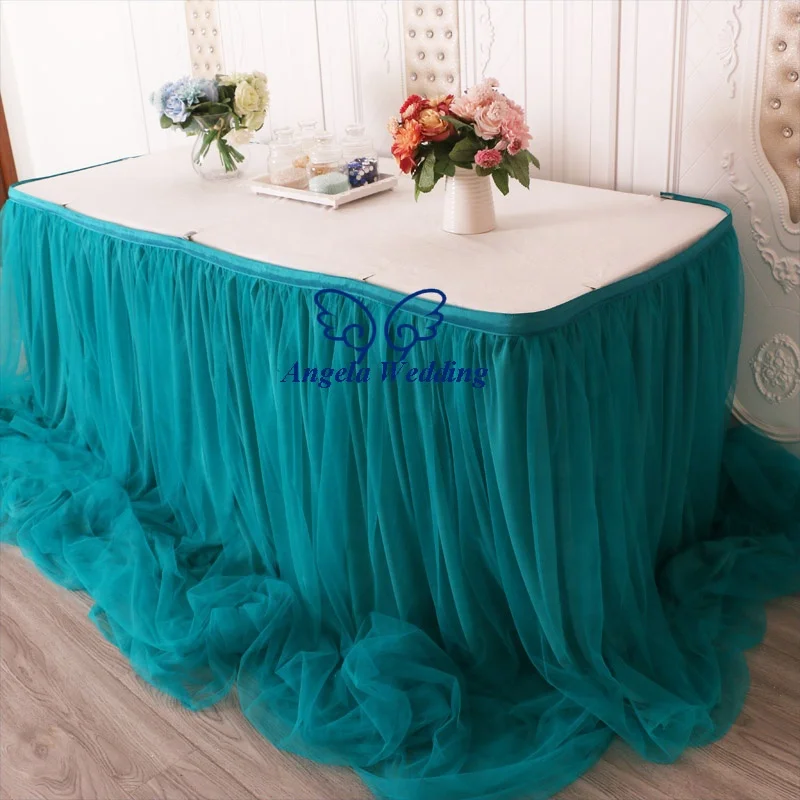 CL072Q fancy factory fast shipping Christmas different dark green ruffled turquoise chiffon and tulle wedding bridal table skirt