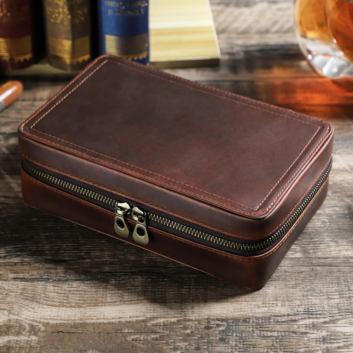 Travel Humidor Cigar Box Case Custom Embossed Logo Leather Cigar Humidor Case For 4 Cigars with Digital Hygrometer CF5022