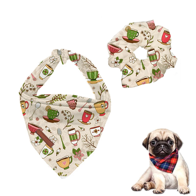 Custom christmas dog bandana and scrunchie bowtie pet triangle scarf printed birthday dog bandana with logo hair scrunchie