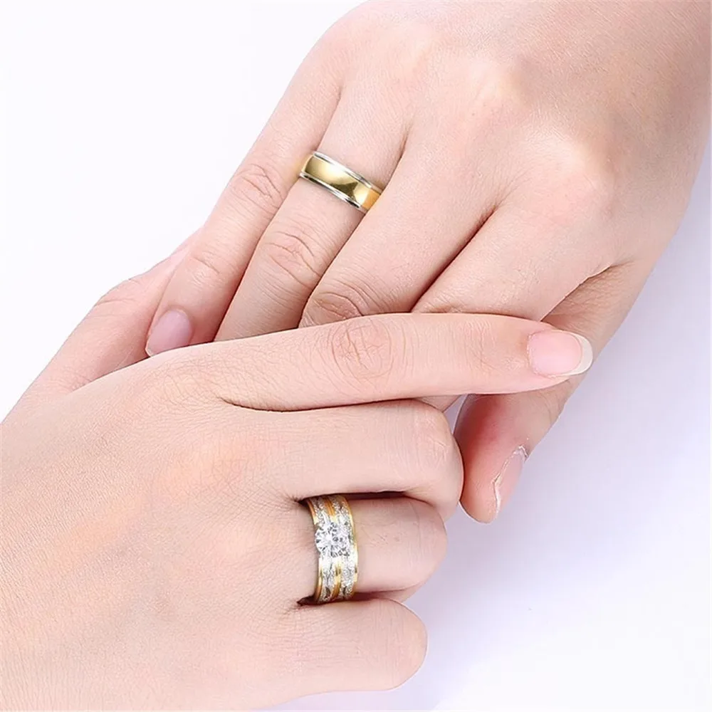 Titanium Steel Tarnish Free Silver Gold Two Tone Couple Ring Bride Engagement Stainless Steel Wedding Rings for Couples set