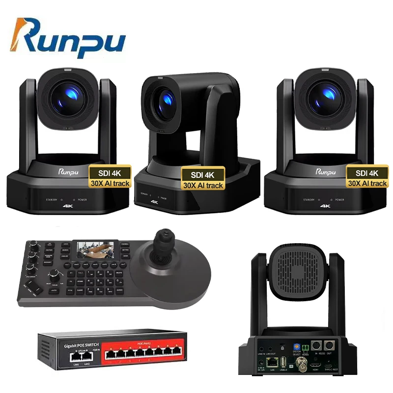 USD2099 Free Ship Broadcast Kit HD66K-30=4 pcs SDI 4K 30X PTZ Conference Camera hd mi lan poe AI track+IP controller+poe switch