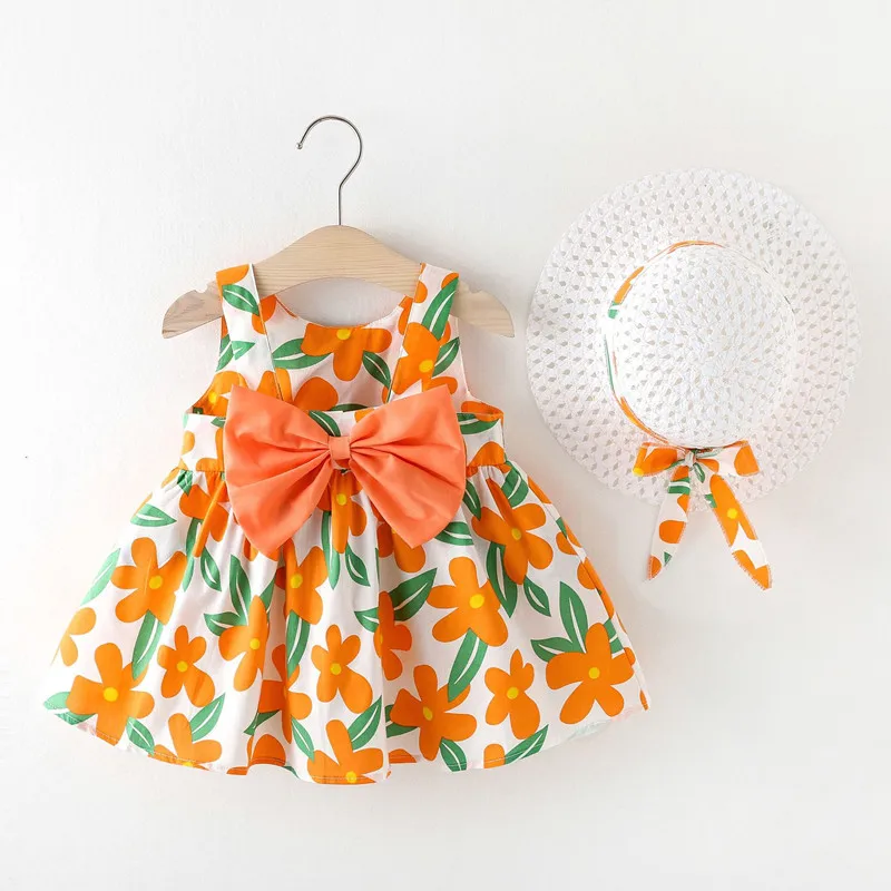 Factory Price summer Sleeveless kids Beach Children flower smocked frock toddles Cheap girls cotton casual dress with hat