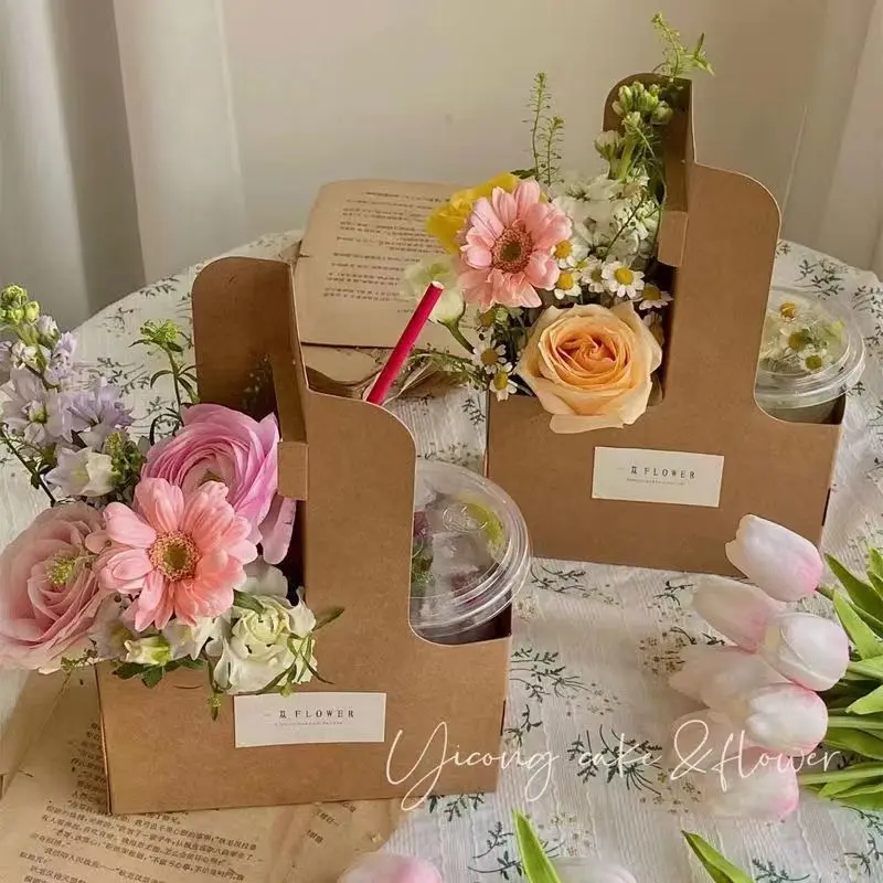 kraft paper milk tea takeaway bag two cup holder flowers portable paper