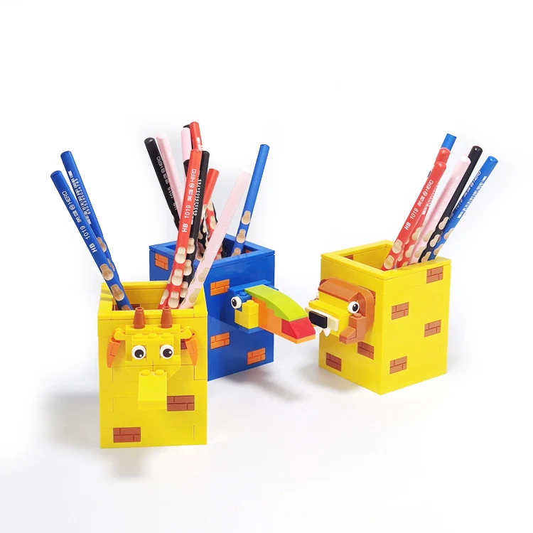 Cute animal eco-friendly organizer box pen stand holder special educational puzzle blocks set plastic Pen Holders for desk