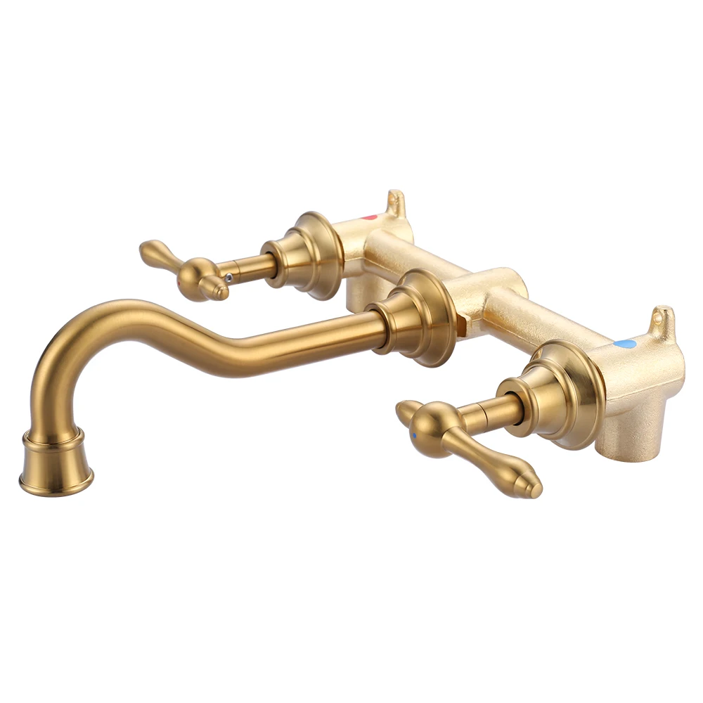 Antique Luxury Brush Gold Bathroom Faucet Basin Tap Built-in Valve 2 Handle Lavatory Faucet Wall Mounted Basin Faucet