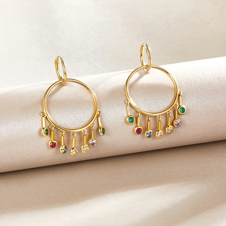  18k Gold Plated Jewelry Sets Tassel Color CZ Stone Circles Necklace