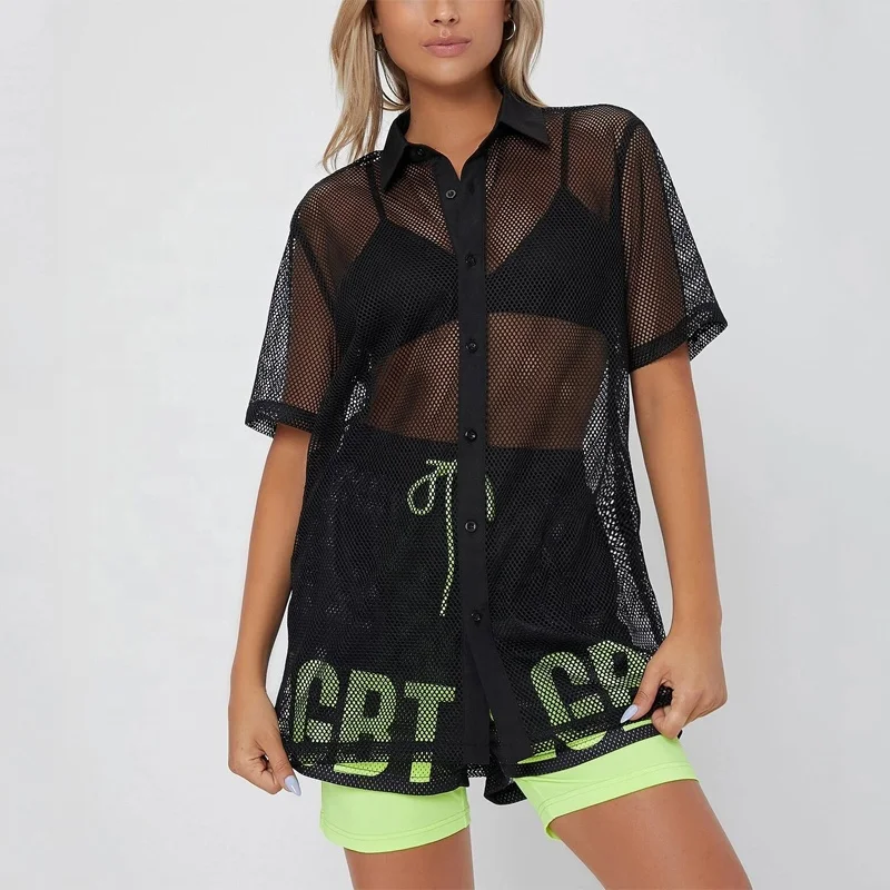 
 Новое поступление мужская уличная одежда хип-поп женская сексуальная сетчатая рубашка на пуговицах спереди унисекс черная рубашка с коротким рукавом  