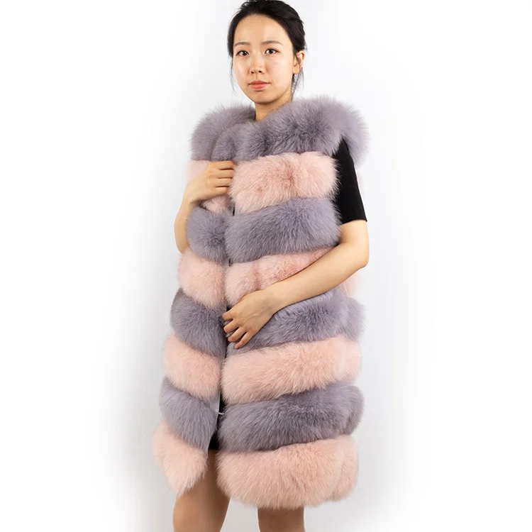 wholesale winter warm fluffy  90cm long dyed color girls fur gilet custom grey black beige pink real fox fur vest for women