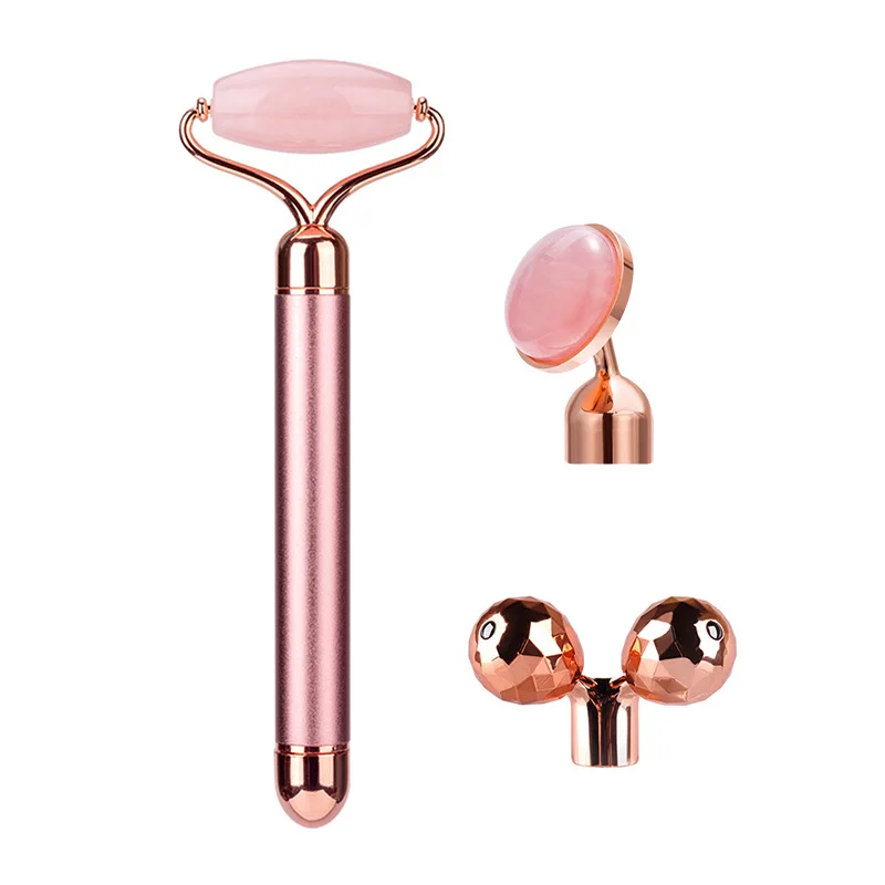 3 in 1 Electric jade roller slimming face lifting tool vibrating natural rose quartz jade roller stone facial beauty bar