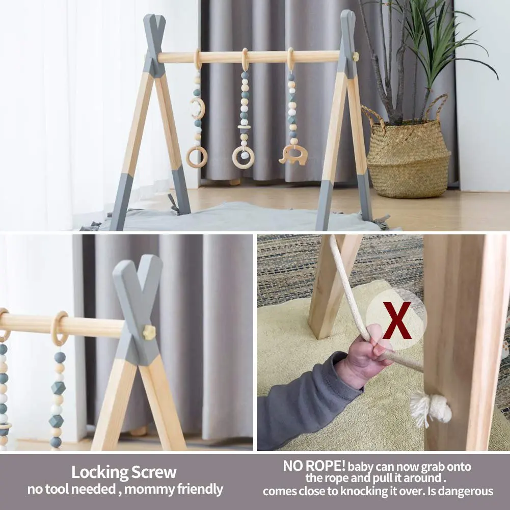 Wooden Foldable Infant Activity Gym with Mat Baby Play Gym Frame Hanging Bar Activity Gym Hanging Toys