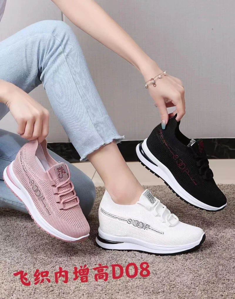 2023 Factory wholesale pink white flyweaving casual running shoes women height increasing sneaker