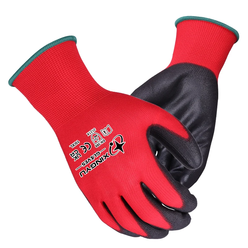 XINGYU  27g PU Coated Safety Hand Gloves Production Line Polyester Custom Working  Gloves Logo PU Grip Work  Gloves
