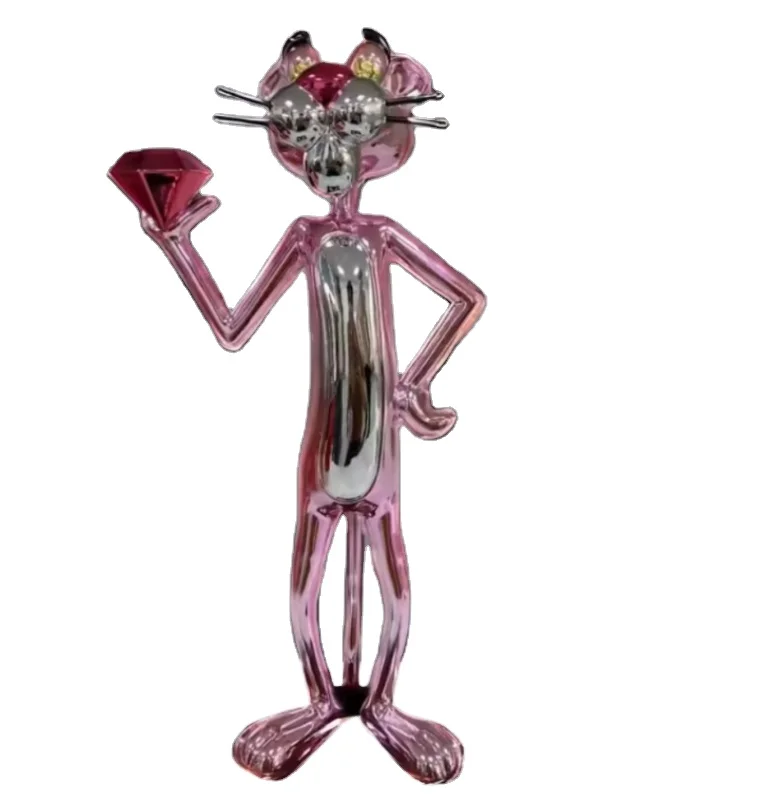 2024 Custom Cartoon Fiberglass Animal Sculpture Electroplating Pink Panther Statue