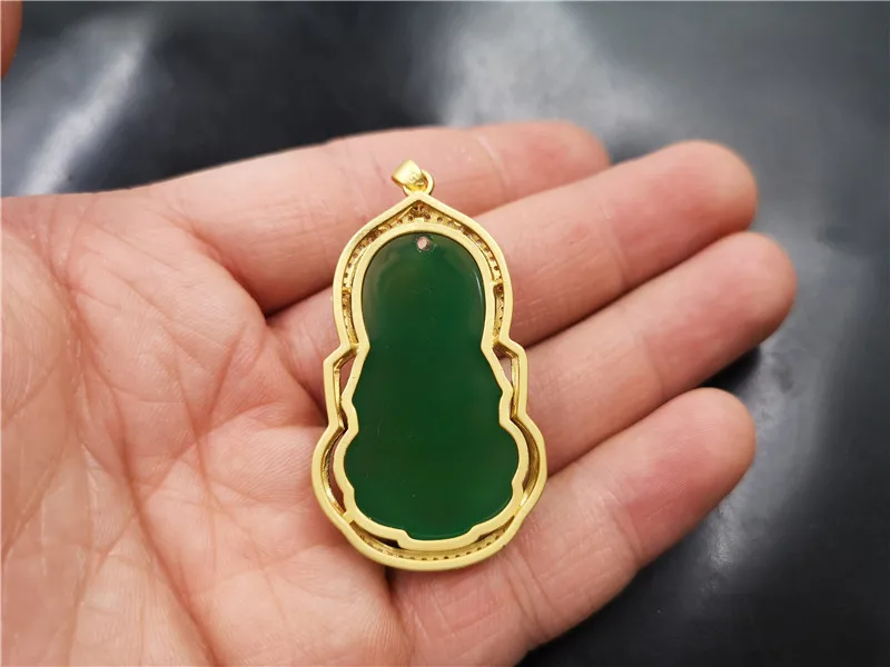  Горячая продажа мужской Агат Гуаньинь древнее золото инкрустированный Зеленый Халцедон кулон ожерелье
