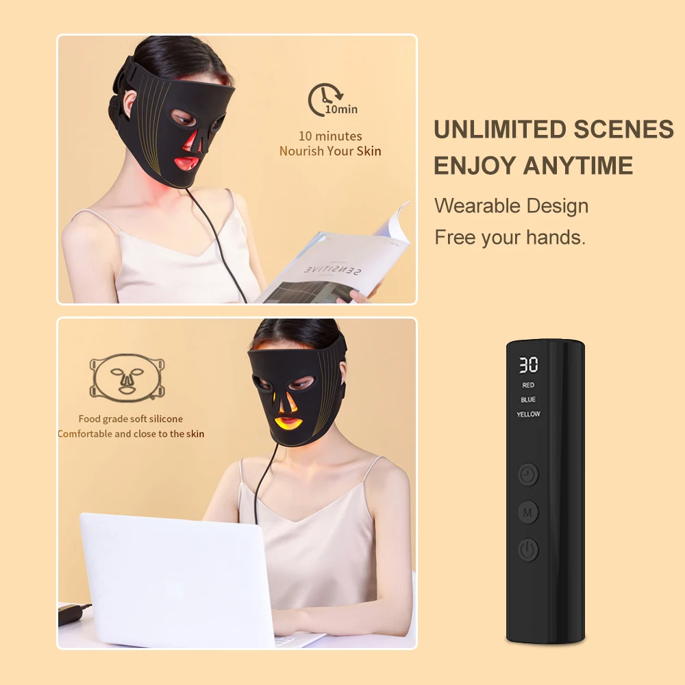 3 Color LED Light Therapy Silicone Facial Mask Hand-held Red Blue Yellow Light Photon Beauty Skincare Anti-Aging Wrinkle