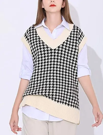 Houndstooth Sweater Vest Women Oversized V Neck Sleeveless Sweaters Cable Knit Tops Designer Manufacturer OEM