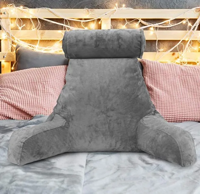Big Backrest Reading Bed Rest Pillow with Arms, Plush Memory Foam Fill, Remove Neck Roll Off Bungee, Change Covers, Zipper