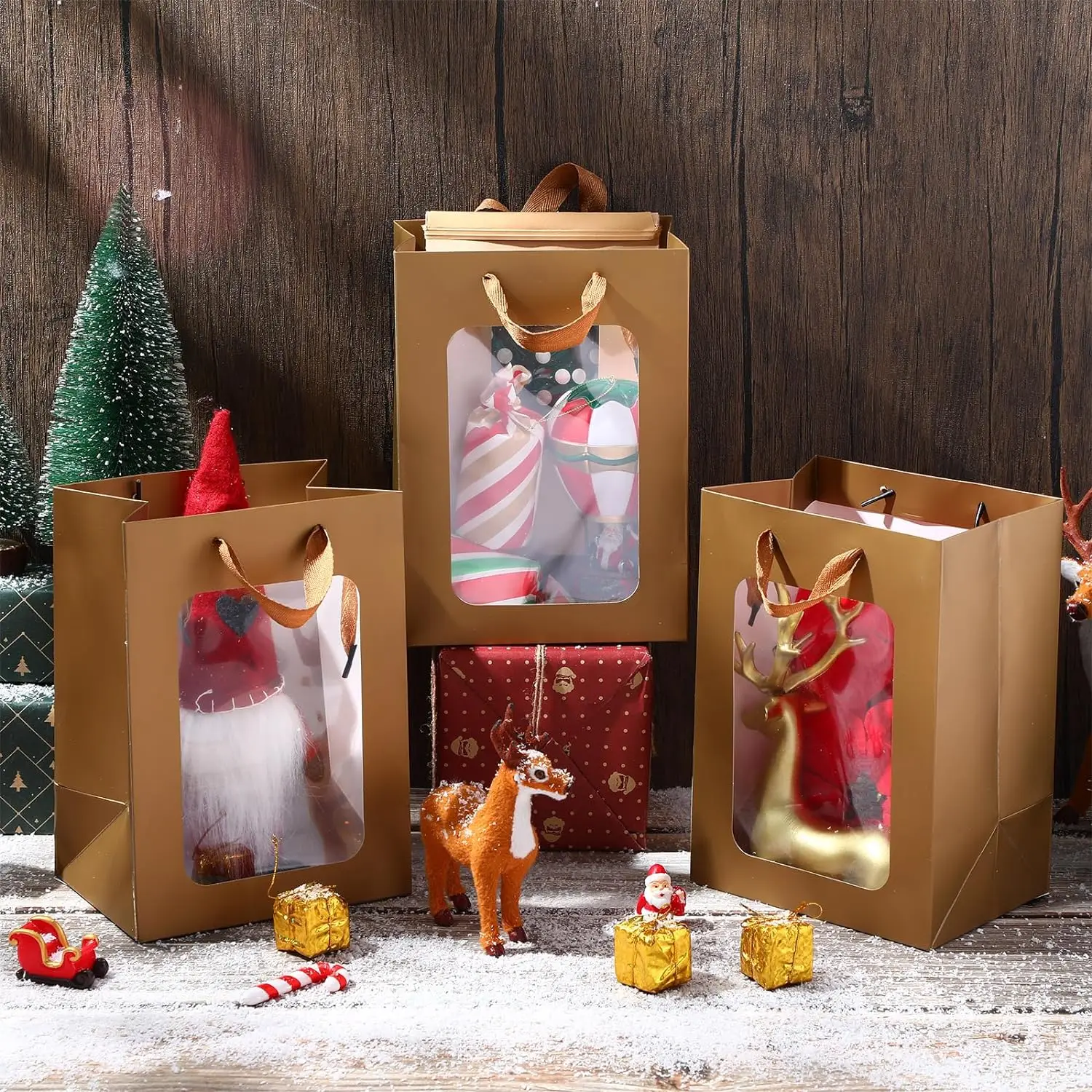 Custom Recyclable gift Shop flower Wedding festival birthday Logo golden handlybag clear window cardboard bags for jewelry