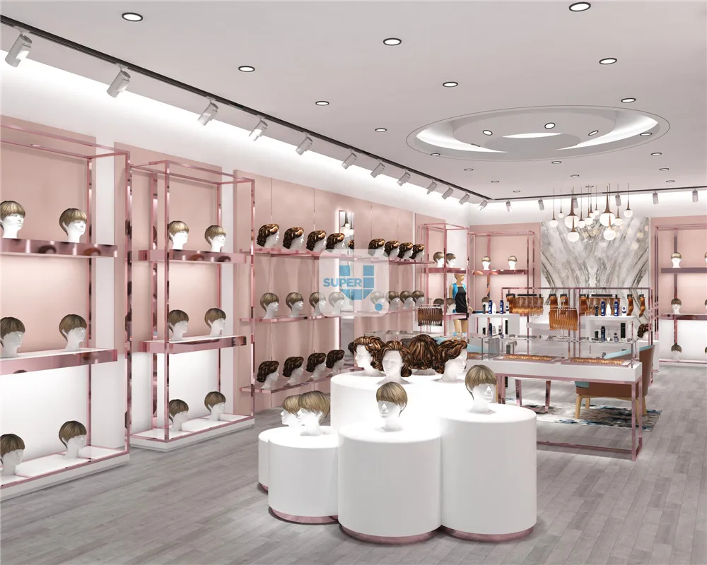 Beauty Shop Design Rack Hair Wig Retail Gold Display Shelf Custom Wig Salon Displays for Hair Extension