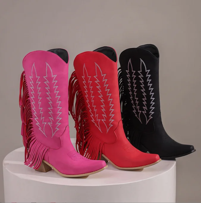 Handmade Genuine Suede Leather Black Woman Mid Calf Boots Pointed Toe Tassels Mid Heels Female Boot