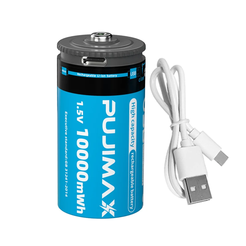PUJIMAX 10000mwh rechargeable li ion batteries size d 1.5v lithium ion battery 1pcs d size usb type-c lithium battery with cable