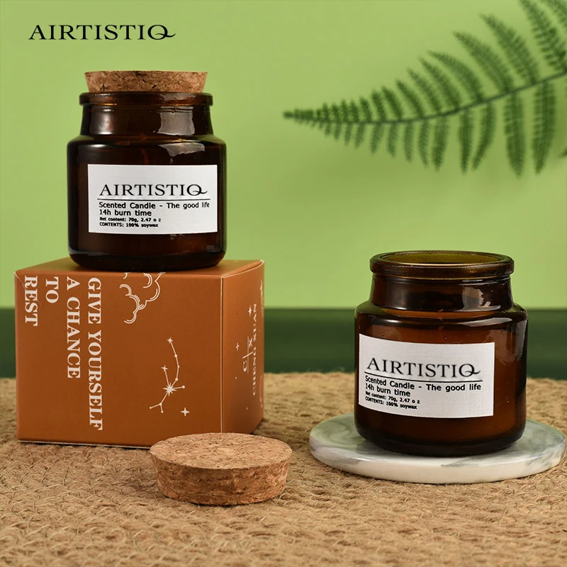 Hot Sell Custom Luxury Private Label Premium Peach 2.46oz 70g Soy Wax Mini Scented Candles Amber Glass Scented Candle with Lid