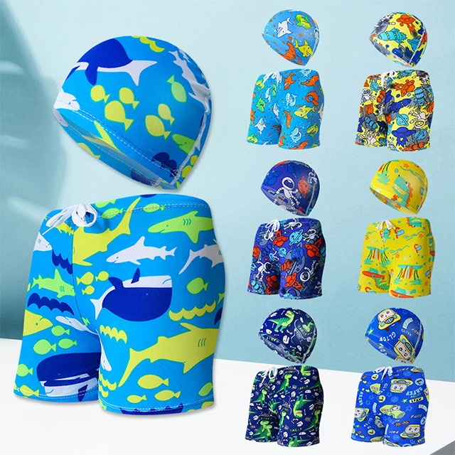 Stylish Flat Corner Beach vacation Hot Spring Summer Kids swim shorts Swim cap Boys cartoon printed swim shorts set