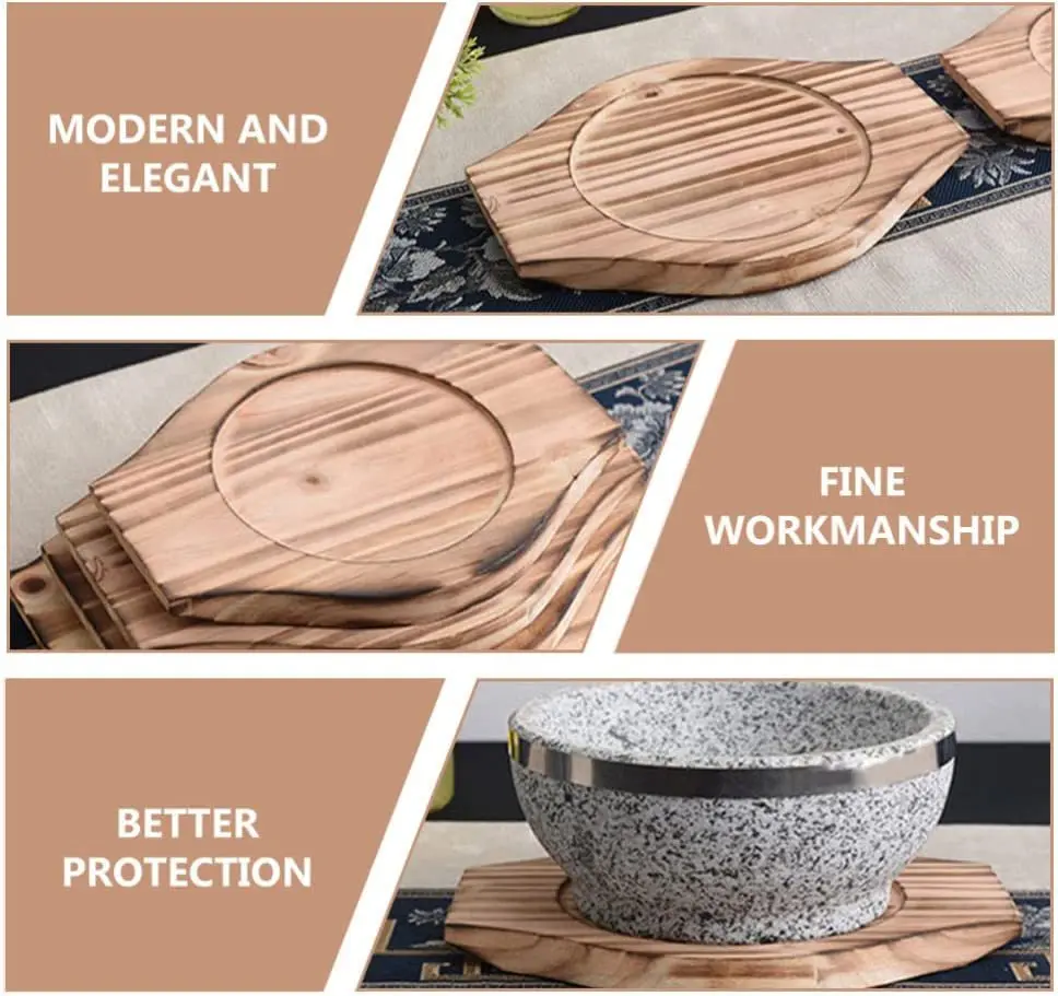 Thickening Anti-Heat Teppanyaki Wooden Board Korean Bibimbap Wooden Serving Tray Solid Wood Hot Pot Stone Bowl Serving Base