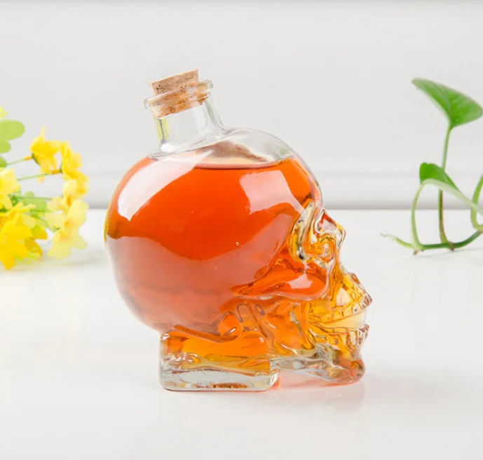 Wholesale Clear Whiskey Skull Shot Jar Bourbon Brandy Liquor Juice Water Glass Wine Bottle With Stopper Cork