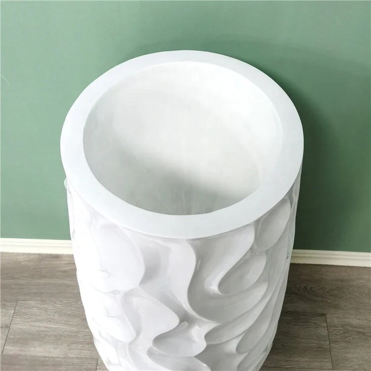 Set of 2 white relief painting fiber cement concrete pots large round shape relief vase for plant home decor