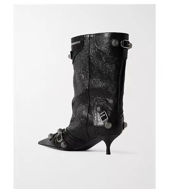 SHIKOL luxury boots for women fashion zip-embellished studded rivet crinkled-leather kitten heels wide calf ladies ankle boots