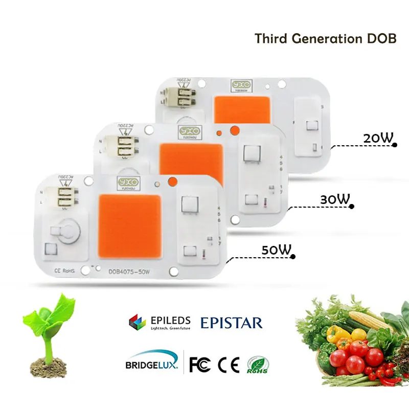
Hydroponice Ac 220V 20W 30W 50W Cob Led Grow Light Chip Full Spectrum 380Nm-780Nm For Indoor Plant Seedling Grow 