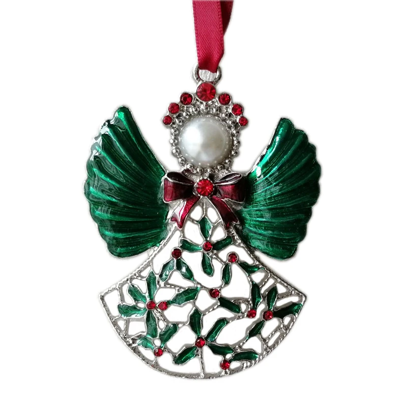 Silver Green Red Hand Enameled And Rhinestones Jeweled Metal Alloy Christmas Decor Hanging Ornaments In Angel Shape
