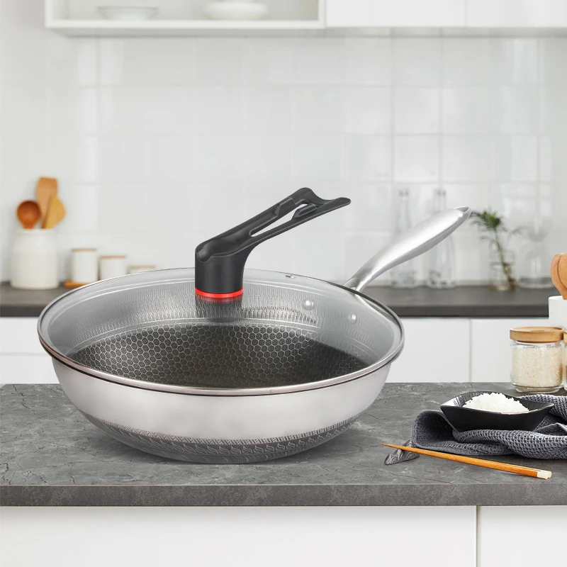 Good Quality Thickened Stainless Steel Wok Honeycomb Nonstick Frying Pan With Glass Lid